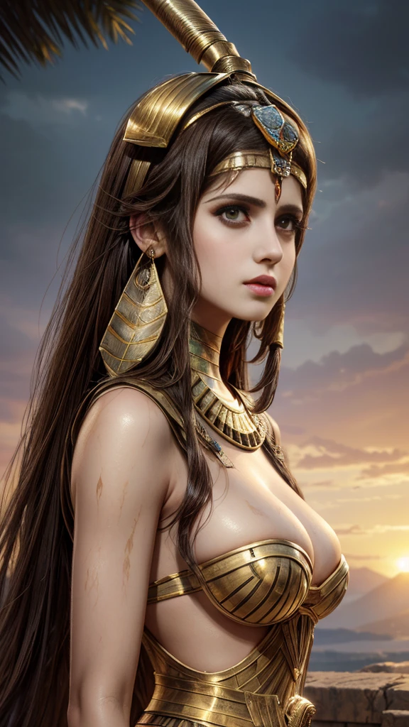 ((front view)), Laura Marano as Cleopatra,((wearing an ancient egypt princess costume, big breasts:1.2)), ancient Egypt in background,(sunset setting:1.2), wet skin, wet red hair, photoreal render,high contrast image, rendering by octane,zbrush?character design,realisticlying,unreal-engine,ultra - detailed,concept-art,trends in art station? ((best quality)), ((masterpiece)), ((realistic)), (detailed), (brown eyes:1.2), highly detailed skin and hair, Fantasy art,stunning gradient colors,detailed back ground,extremely detaile, tmasterpiece),HDR, ally 

