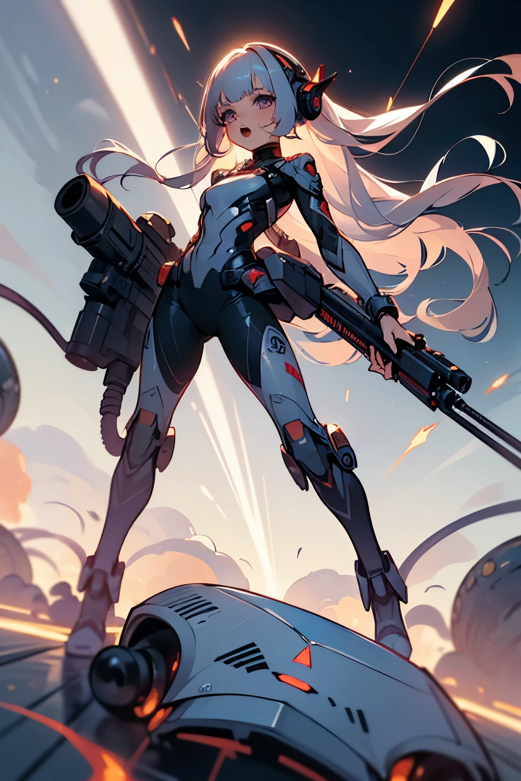 (Ultra-detailed face, roar, shout), (Full body, A young-aged woman with silver hair, blunt bangs, very long disheveled hair, and lavender eyes), (She wears a white combat suit with futuristic geometric patterns, a headset with a microphone, and a laser gun), BREAK (She roars, screams, and boldly fires her laser gun at a multitude of octopus aliens and glowing Adamski UFOs), BREAK (In the background, an army of ferocious octopus aliens, burning, smoking, destroyed buildings, and UFOs fly by)