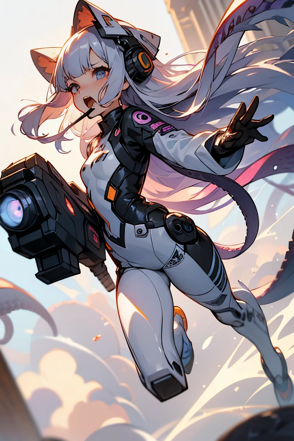 (Ultra-detailed face, roar, shout), (Full body, A young-aged woman with silver hair, blunt bangs, very long disheveled hair, and lavender eyes), (She wears a white combat suit with futuristic geometric patterns, a headset with a microphone, and a laser gun), BREAK (She roars, screams, and boldly fires her laser gun at a multitude of octopus aliens and glowing Adamski UFOs), BREAK (In the background, an army of ferocious octopus aliens, burning, smoking, destroyed buildings, and UFOs fly by)
