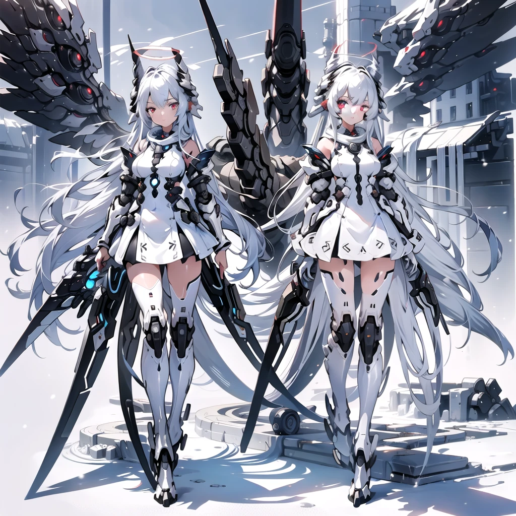 masterpiece, highest quality, highest resolution, clear_image, detailed details, White hair, long hair, cat ears, 1 girl, red eyes, sci-fi dress, white scarf (white scarf around the neck with a light blue glow), gray futuristic halo (gray halo over the head), white wings (6 wings), cute, full body, no water marks, snow, normal ears