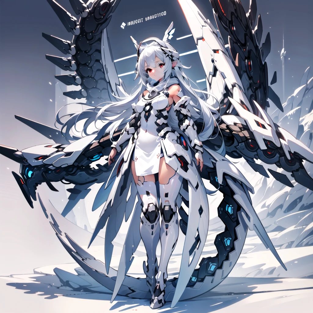 masterpiece, highest quality, highest resolution, clear_image, detailed details, White hair, long hair, cat ears, 1 girl, red eyes, sci-fi dress, white scarf (white scarf around the neck with a light blue glow), gray futuristic halo (gray halo over the head), white wings (6 wings), cute, full body, no water marks, snow, normal ears