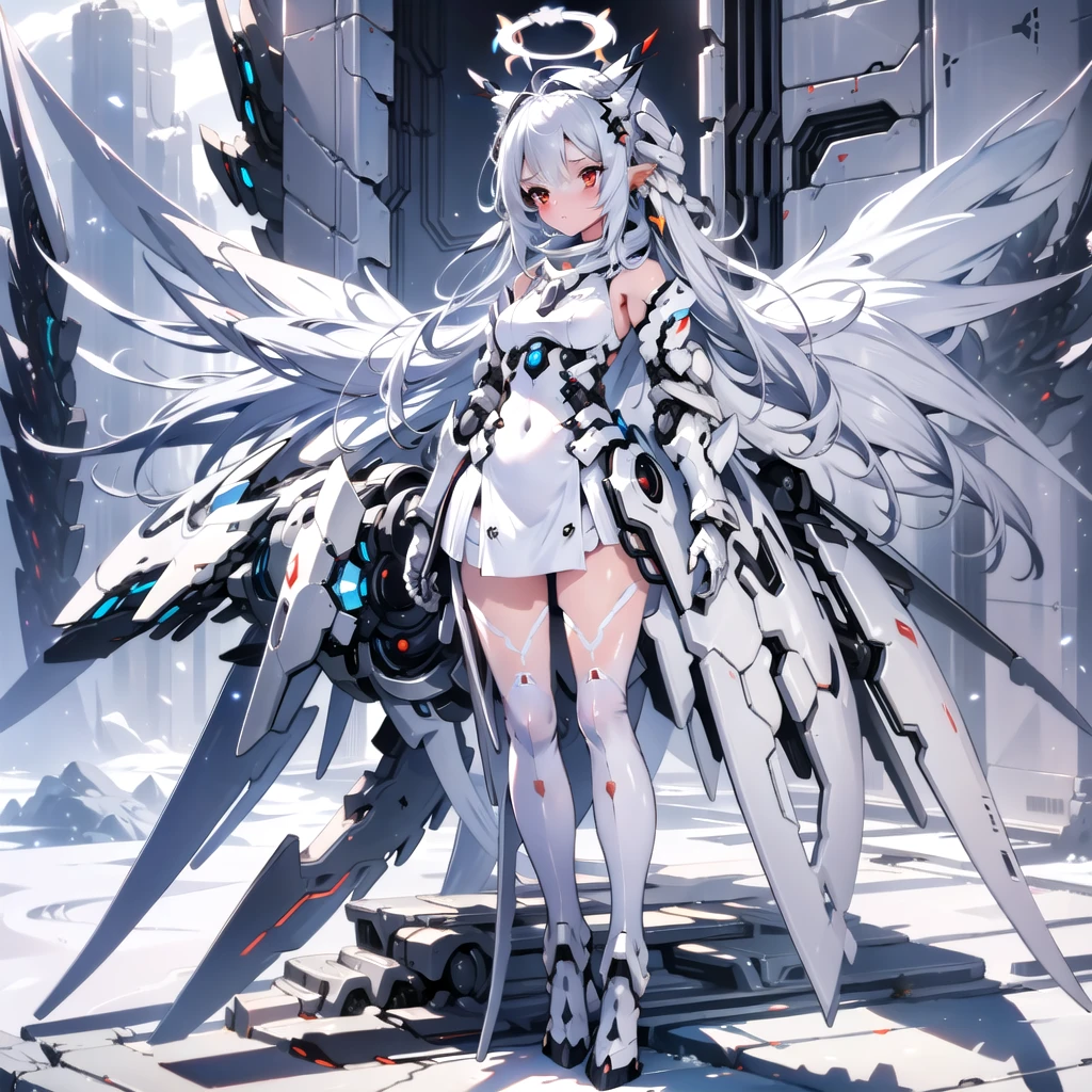 masterpiece, highest quality, highest resolution, clear_image, detailed details, White hair, long hair, cat ears, 1 girl, red eyes, sci-fi dress, white scarf (white scarf around the neck with a light blue glow), gray futuristic halo (gray halo over the head), white wings (6 wings), cute, full body, no water marks, snow, normal ears. white dragon
