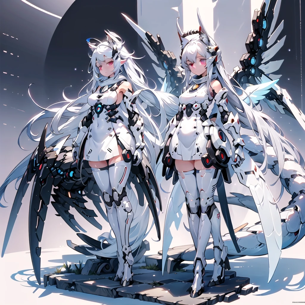 masterpiece, highest quality, highest resolution, clear_image, detailed details, White hair, long hair, cat ears, 1 girl, red eyes, sci-fi dress, white scarf (white scarf around the neck with a light blue glow), gray futuristic halo (gray halo over the head), white wings (6 wings), cute, full body, no water marks, snow, normal ears. white dragon