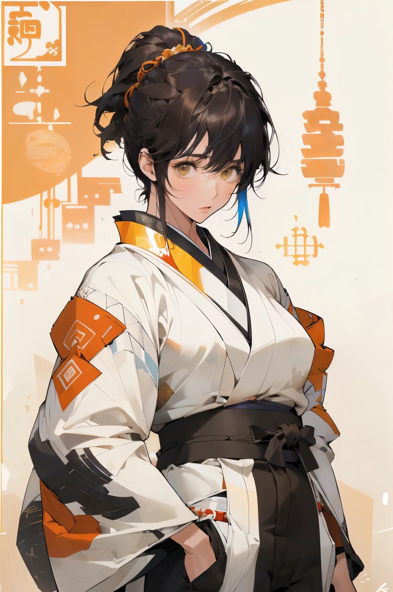 ((Highly detailed CG unit 8k wallpaper, masterpiece, high resolution, best quality, best qualityのリアルテクスチャスキン)), ((Very beautiful woman,  Komatsu, Attractive appearance, Full lips, Hands in pockets pose:1.5, Upper Body, Japanese style haori, I hide my hands behind my big sleeves.:1.2, Japanese pattern shorts)), (Dirty black hair, White skin, Small Breasts), ((Colorful background with geometric patterns, And the background of the handle, Cool colors, White background)), Ink Painting, Surreal, number, Concept Art,