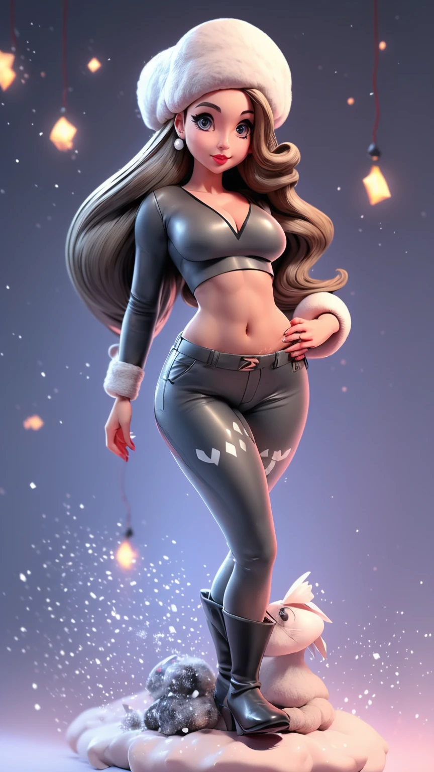 A girl from Russia, Asian, sexy, beautiful, cute, big breast, long wavy dark blonde hair, her round gray eye, thin eyelash, black pink lip, soft cheeks, she dresses in a dark gray top, long sleeves, shows a navel and a pair of short gray pants, a pair of polar blue socks, a black snow boot. 