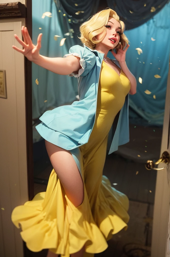 belle from beauty and the beast doing the famous Marilyn Monroe pose in her yellow dress