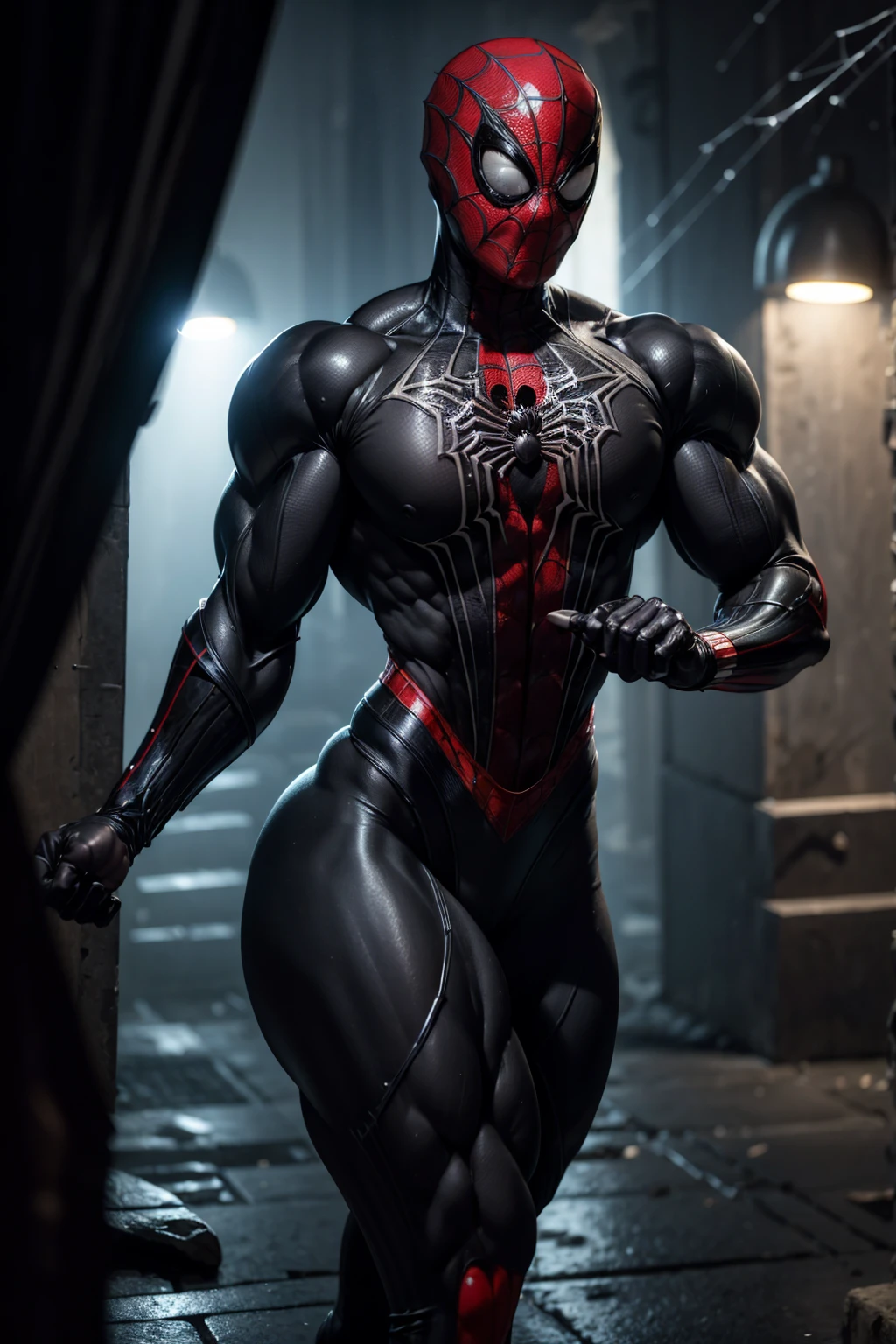 (Muscular:2.4), (thick thighs:1.2), (large round breasts:1), (large muscular chest and shoulders:1), FEMALE, blonde hair, long blonde hair, (big smile:1), (wearing tight sexy black Spider-Woman suit:1.6), looking at viewer, (three quarter view:1.3), upper body view, (dark gothic city at night:1.5), (dark lighting:2), detailed skin, detailed eyes, (clean skin:1.5), (very thin waist:1.6), (huge body muscles:1.8), (one protagonist:1.5),