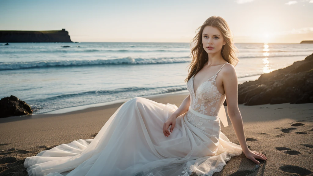 an icelandic woman with Hermoso ojos delicados, labios hermosos y delicados, extremadamente detallado face and skin, Piel pálida, 2,Wearing a Hermoso wedding dress, tiro medio largo, sentado en la playa junto al mar, Hermoso, postura natural,hermosa luz y sombra，Vista panorámica, (piernas largas), (retrato de cuerpo completo). Beautiful fotografía，Pestañas largas, buena anatomia , Práctico skin texture, ojos delicados, Profesional, 4k, Lente gran angular, Profundidad de campo óptica, color de visión kodak, cuerpo perfectamente proporcionado, extremadamente detallado, ultra-photoPráctico, Práctico, Postprocesamiento, máximos detalles, aspereza, vida real, ultra -Práctico, Photorealism, fotografía, 8k ultra alta definición, fotografía