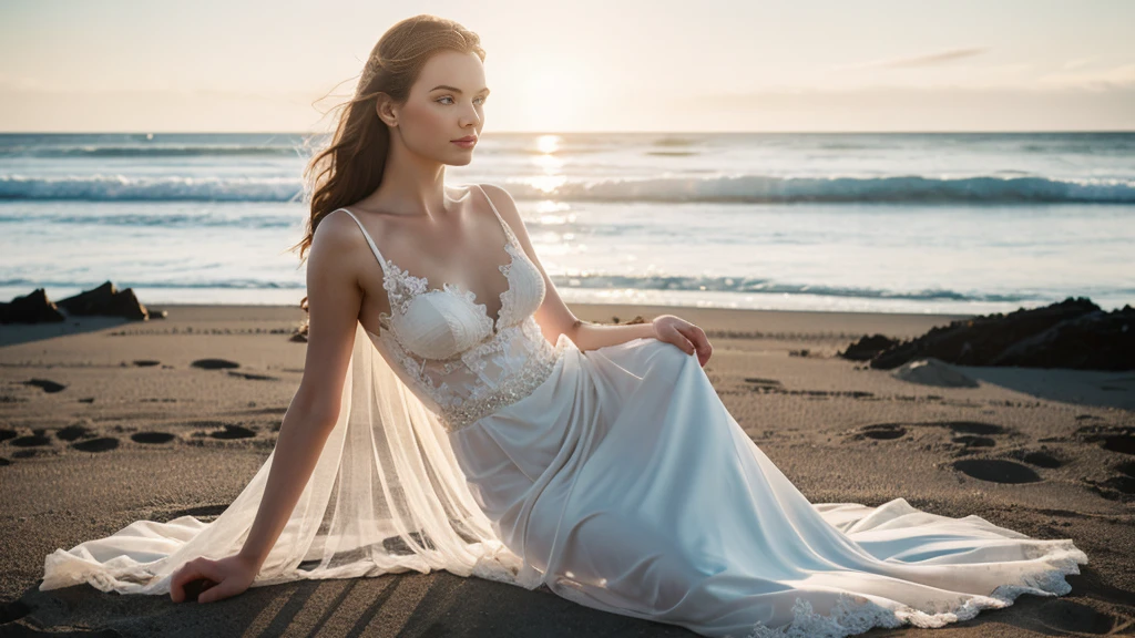 an icelandic woman with beautiful Delicate eyes, Beautiful and delicate lips, Extremely detailed face and skin, Pale skin, 23 years old,Wearing a beautiful wedding dress, medium long shot, Sitting on the beach by the sea, beautiful, natural posture,Beautiful light and shadow，panoramic view, (long legs), (full body portrait). Beautiful photography，Long eyelashes, Good anatomy , Practical skin texture, Delicate eyes, professional, 4K, Wide-angle lens, Optical Depth of Field, Kodak Vision Color, Perfectly proportioned body, Extremely detailed, ultra-photoPractical, Practical, Post-Processing, Maximum details, Roughness, real life, ultra -Practical, Photorealism, photography, 8K Ultra HD, photography