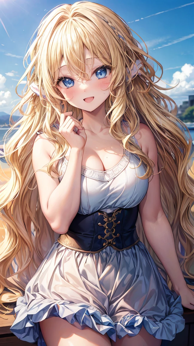 Very detailed、best quality、Best image quality、masterpiece、8K、Anime Face、A kind smile、open mouth、Sparkling blue eyes、(Blonde wavy hair:1.5)、Hands on hipini skirt、camisole