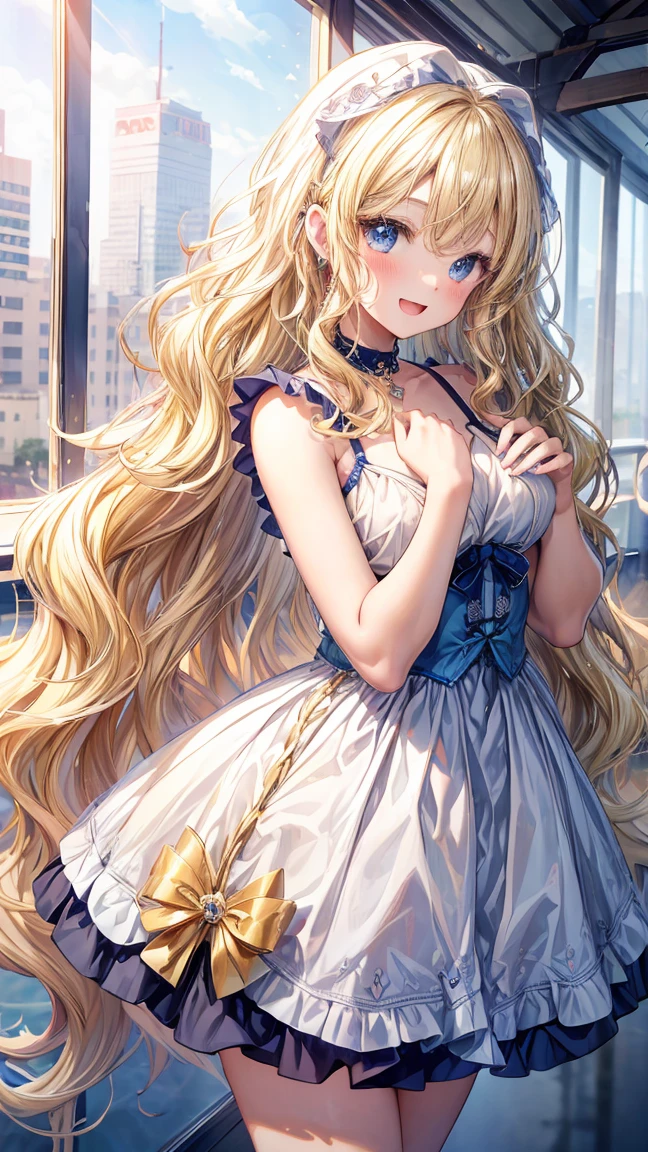 Very detailed、best quality、Best image quality、masterpiece、8K、Anime Face、A kind smile、open mouth、Sparkling blue eyes、(Blonde wavy hair:1.5)、Hands on hipini skirt、camisole