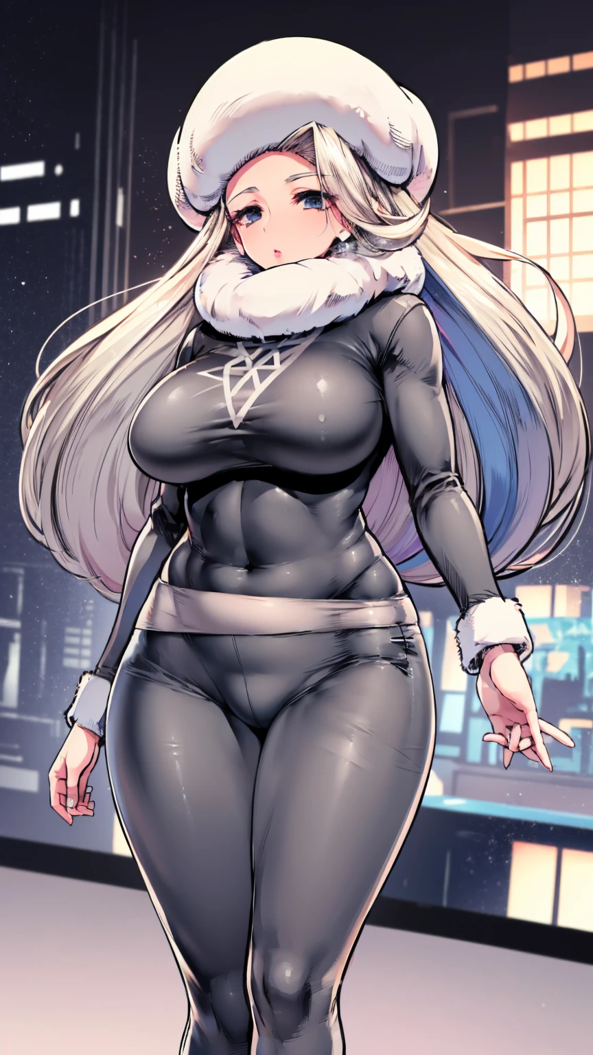 A girl from Russia, Asian, sexy, beautiful, cute, big breast, long wavy dark blonde hair, her round gray eye, thin eyelash, black pink lip, soft cheeks, she dresses in a dark gray top, long sleeves, shows a navel and a pair of short gray pants, a pair of polar blue socks, a black snow boot. 