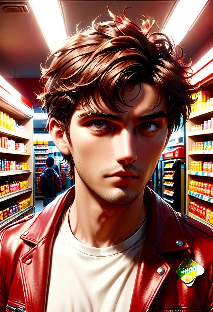 a handsome man in a red leather jacket, in a convenience store, ready for action, upper body, close up, (looking at camera), (ca...