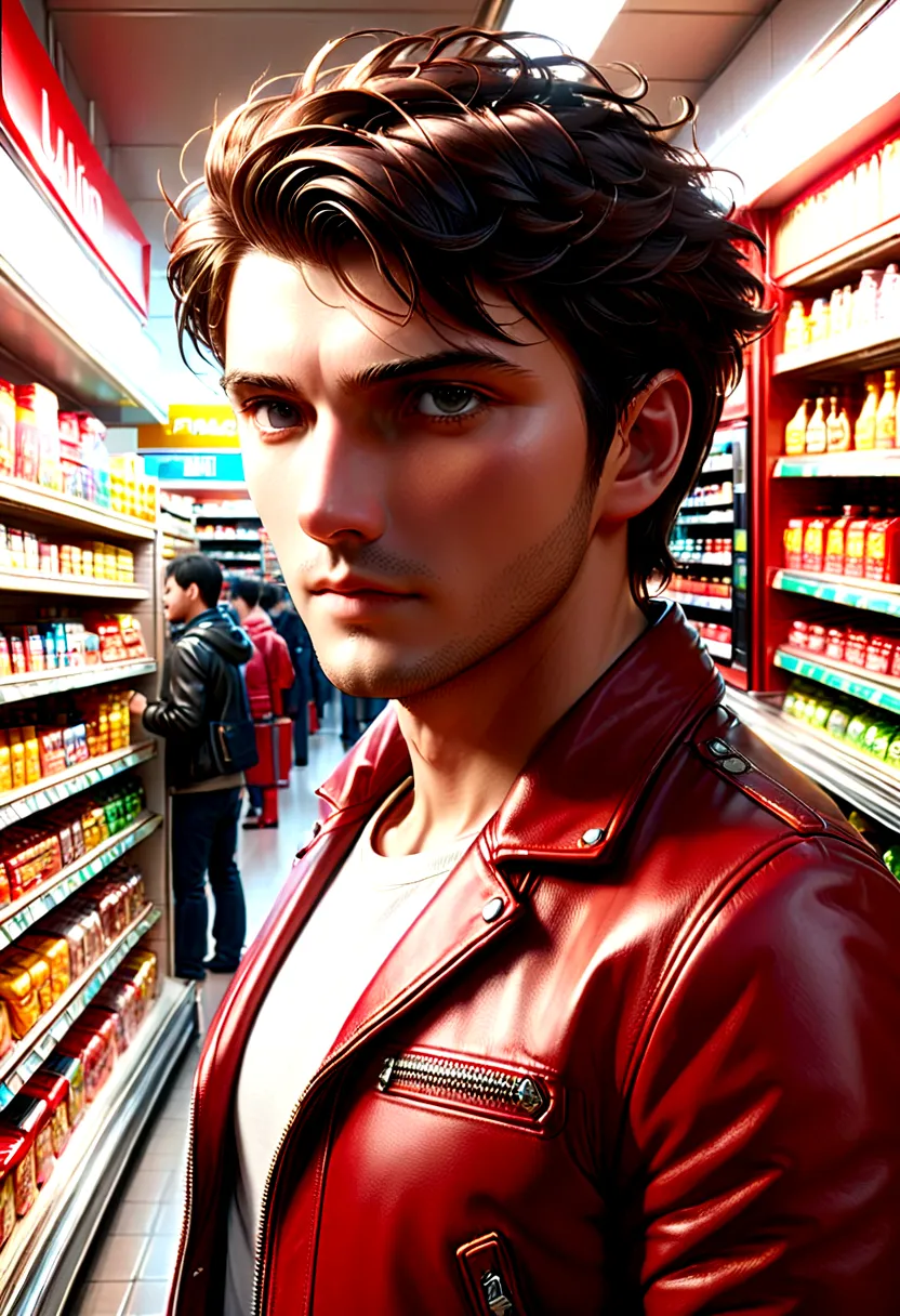 a handsome man in a red leather jacket, in a convenience store, ready for action, upper body, close up, (looking at camera), (ca...