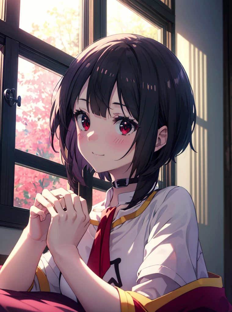 8K,Highest quality,masterpiece,1 Girl, alone, Red eyes, Looking at the audience, heart   1 Girl,T-Shirts,Black string underwear,barefoot, Megumin, Megumin　KonoSuba, Black Hair,short hair,Bedroom,smile,blush,The window is sunlight,Covered with a blanket， Windows，Romantic Sunrise，Extreme Light，wake up,(masterpiece:1.2), Highest quality, High resolution, ユニティ 8K 壁紙, (shape:0.8), (Beautiful and detailed:1.6), Highly detailed face, Perfect lighting, Highly detailed CG, (Perfect hands, Perfect Anatomy),