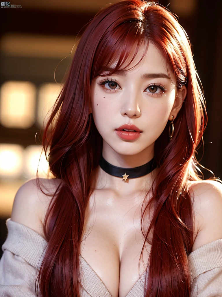  1girl, alone, solitary, high quality, (best quality,4k,8k,highres,masterpiece:1.2),ultra-detailed,(realistic,photorealistic,photo-realistic:1.37),gorgeous hair,bright red hair,long hair with bangs,sharp eyes,mole under the eye,plump lips,jewelry,(high detailed skin:1.4),(rim lighting:1.3),(lit:1.3),(sunny day:1.3),portrait,beautiful lips,waist-length hair,seductive gaze,moles,casual clothes,colorful clothing,close up,super long hair,choker necklace,bangs,fringe,dimples on the cheeks,dimples,red hair,rubyredhair,ruby red hair,black,red lips,red lipstick,round lips,round pouty lips,pouty lips,douyin makeup,sparkly makeup,blue,green,pink,purple,wine red,piercings,gems,lipstick,lip gloss,navel piercing, girl,innocent,red hair,dyed hair,cherry red hair,cherry red,cherry hair,redhead,youthful,modest,covered cleavage,delicate,pretty girl,close up,closeup,20 years old,modest,pretty blouse,neon red hair,bright red hair,redhair,sweater,turtle neck,sweatshirt,shirt,hairstyle,modest clothing