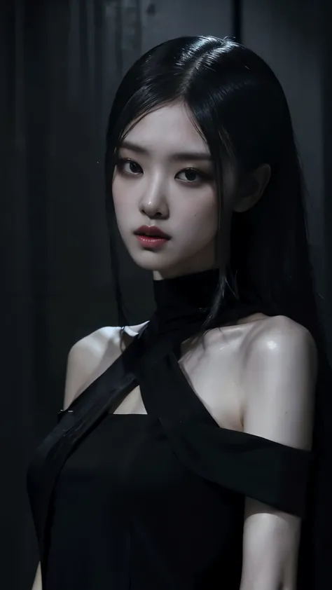 (best quality, highres:1.2), realistic, black dress, black hair, dark theme, black background, dark ninja, intense gaze, elegant...