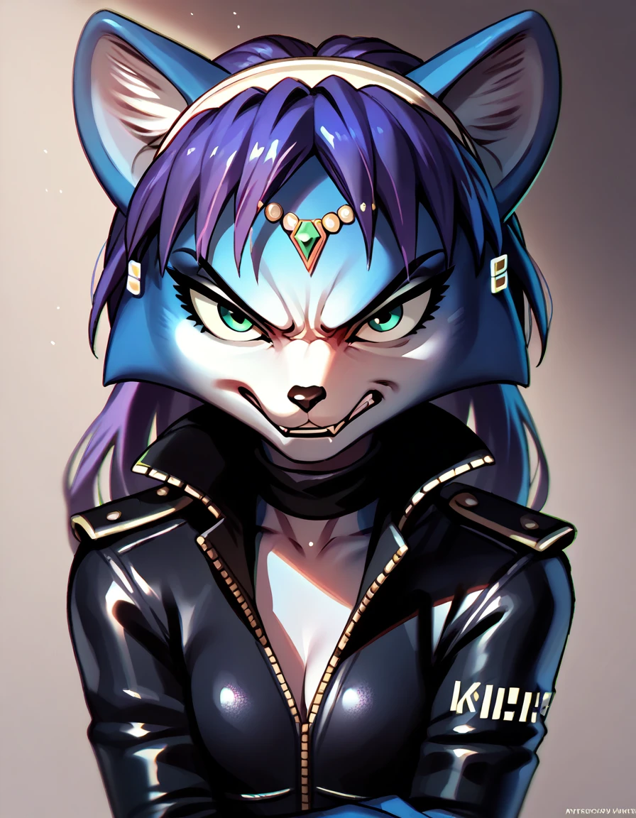 score_9, score_8_up, score_7_up, score_6_up, score_5_up, score_4_up, Krystal swift, purple hair, long hair, black leather jacket, angry, smile, seductive, rating_questionable
