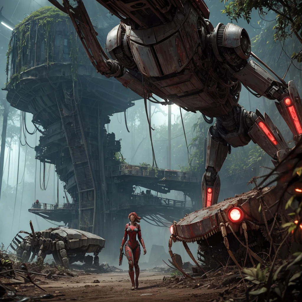 Robot crabs stalk a cute woman (Scarlett Johansson, age 25, dressed only in cloth tatters, dirty and battered) across an alien jungle. Horror. Danger. Peril. Sci Fi
