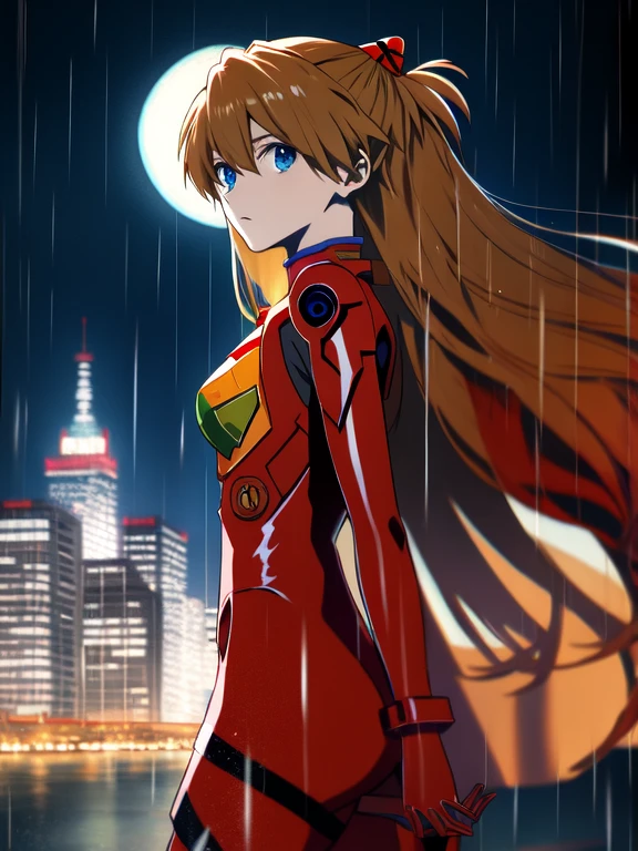 Asuka Langley ,masterpiece, best quality,,city,cyperpunk,night,rain,moon, cloak, cape