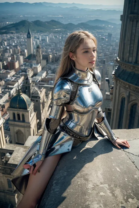 (masterpiece, 4K resolution, Surreal, Very detailed), Too realistic，( There is a girl at the top of the city, Knight in metallic...