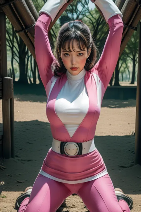 pink theme，pink ranger suit、curvy, big breats, full body, tied on Saint Andrew's cross in X position, screaming in pain, crying,...