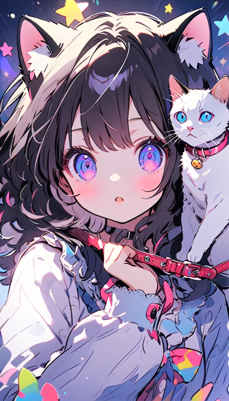 Colorful outline,2Women\(Small ,cute,cute,10 years old,2 Pigtails,Curly Hair,Hair Color Cosmic,Big eyes,Eye color is cosmic,cute dress,With a leash,[Cat ear]\) AND 2Women\(Cat,子Cat,String around the neck,子Cat,White fur\), BREAK ,background\(Beautiful garden,Double solar light,Flowers\), BREAK ,quality\(8K,Highly detailed CG unit wallpaper, masterpiece,High resolution,top-quality,top-quality real texture skin,surreal,Increase the resolution,RAW Photos,highest quality,Very detailed,wallpaper,Cinema Lighting,Ray-tracing,Golden Ratio\)