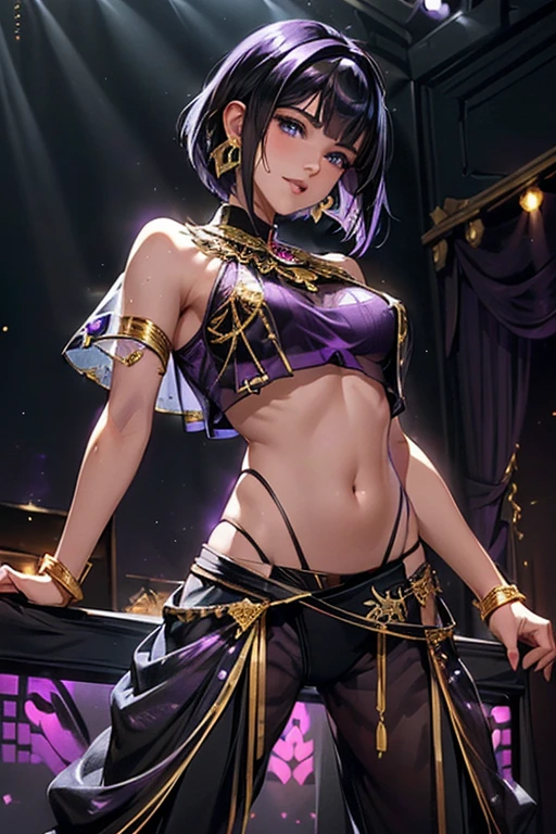 #Basics A girl is posing for a photo, animeのかわいい女の子, (((One Girl, Baby Face, Young girl, 16 years old))), 
break 

#Clothing Accessories 
(((Purple on black)Tribal style with gold ornament(thin, See-through harem pants)Dance Costumes:1.6) + thin black elbow gloves with plenty of gold embellishment + Black Long Veil + Black high heels with gold embellishments + Gold Tiara), ((gold fancy bracelet, Gold Hoop Earrings, Fancy Gold Necklace)), ((Black collar)), 
break 

#Features 
((Black Hair:1.4 (Bobcut:1.4)), 
(Droopy eyes,blue eyes), (Small breasts),  
break 

#background environment 
((Dance stage illuminated by spotlights:1.4)), 
#Facial Expression Pose
((Wicked Smile), (She performs a dynamic and captivating dance.)), 
#composition 
((To the camera, Angle from the front, head shot)), 
break 

#Body parts elements 
(Detailed Hair, Beautiful Hair, Shiny Hair), 
(double eyelid, Long eyelashes), 
(Expression of fine eyes, Beautiful and delicate eyes, Sparkling eyes, Eye Reflexes, Glitter Eyeliner), 
(Human Ear), 
(Beautiful Nose, Thin Nose), 
(Glossy Lips, Beautiful Lips, Thick lips, Glossy Lips, Natural Cheeks), 
(Detailed face, Symmetrical facial features), 
(Detailed skin, Textured skin, Beautiful Skin, Shiny skin), 
break 

#quality 
(((最高quality)), ((masterpiece)), ((Very detailed))), ((High resolution), (16K,1080P)), 
(Realistic), (Anatomically correct), 
((comics, anime)), (3DCG), CG illustration,
