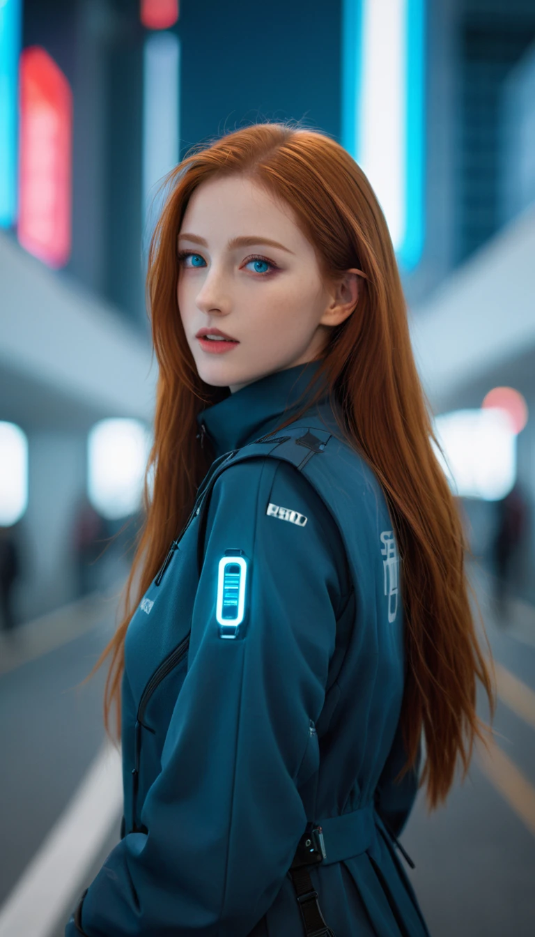 masterpiece , A girl , Very long red hair , blue eyes ,  slope , Perfect body , ( Technical clothing:1.2) , Cyberpunk , future , Modern , in Cyberpunk city, A faint smile , Delicate face ,, , (8K,  Best quality 1.2),  Extremely detailed, 8K uhd,, Soft lighting, high quality, Film Grain,   Beautiful Lights,, (Movie:1.4) ,Perfect body , Optimal lighting, The best shadow,  sharpest, Compared,