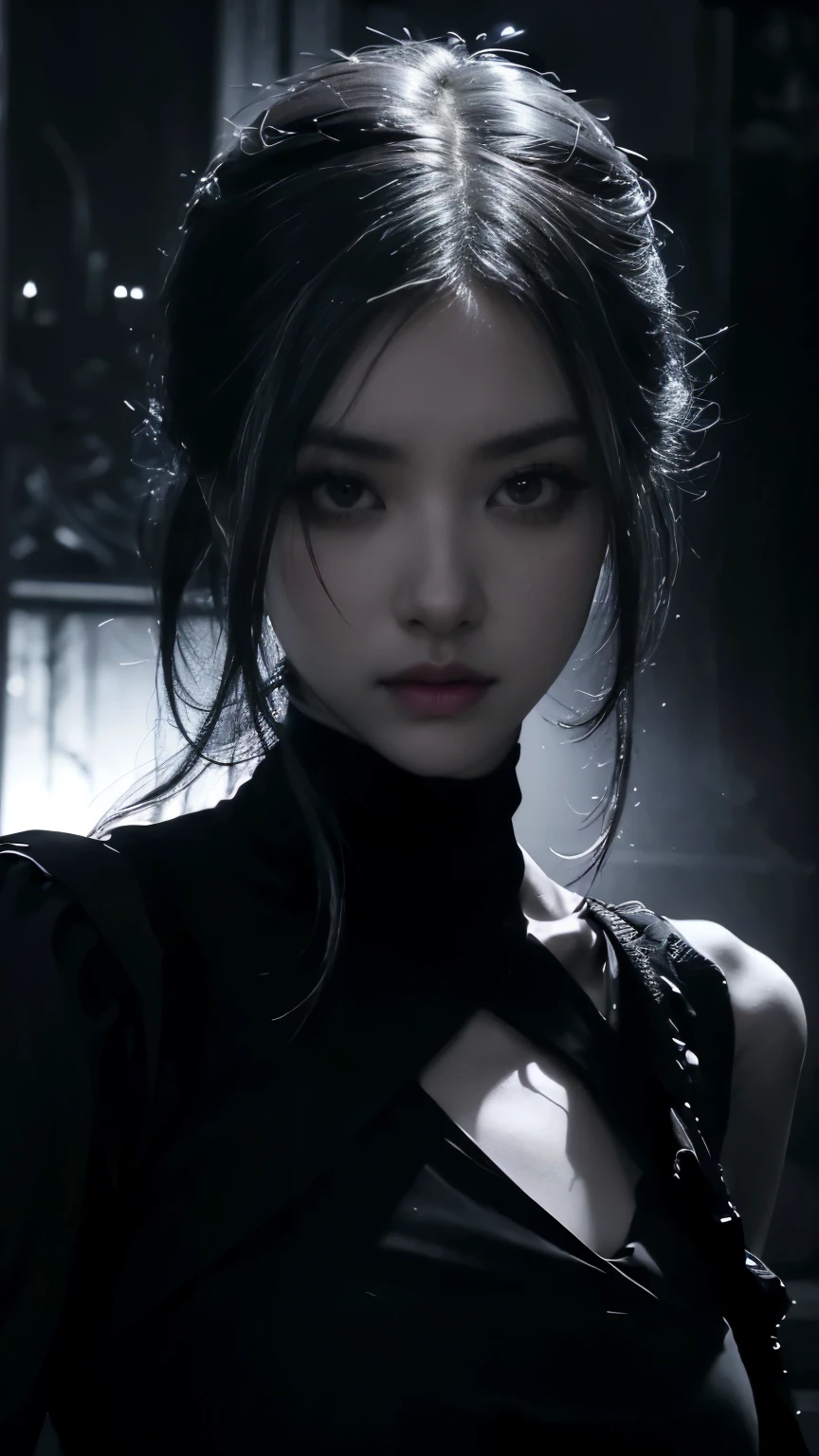 (best quality, highres:1.2), realistic, black dress, black hair, dark theme, black background, dark ninja, intense gaze, elegant posture, flowing dress, detailed facial features, long eyelashes, contrast, fine details, dramatic atmosphere, gothic style, intense emotions, monochrome color palette, captivating setting, haunting beauty, artistic photography, everything is black
