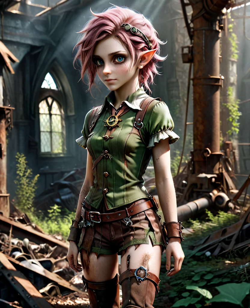 cute elf, (teenage elf  with extremely cute eyes)), (((elf))), ((((high resolution))), (((extremely detailed))), ((masterpiece)), looks like Aerith Gainsborough, dramatic shadows, depth of field, analog photo style, (world in which are collide steampunk and postapocalyptic vibes), postapocalyptic cute female in steampunk aesthetic, torn dirty clothes, depth of field, full body shot, unzoomed, (perfect body: 1.4), (sidecut short hairstyle), (stalking is quite common, although not the best way to make a living), stylized atmosphere of unreality, dark atmosphere, dynamic pose, in motion, Armageddon, increase cinematic lighting, highly lifelike skin texture, parted lips, weary eyes, fine eyes, whitened skin, random hair colour, doomsday aura