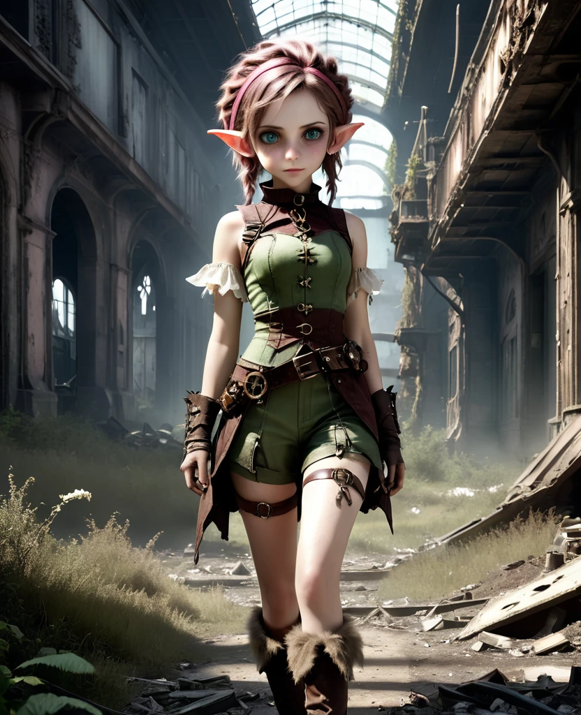 cute elf, (teenage elf  with extremely cute eyes)), (((elf))), ((((high resolution))), (((extremely detailed))), ((masterpiece)), looks like Aerith Gainsborough, dramatic shadows, depth of field, analog photo style, (world in which are collide steampunk and postapocalyptic vibes), postapocalyptic cute female in steampunk aesthetic, torn dirty clothes, depth of field, full body shot, unzoomed, (perfect body: 1.4), (sidecut short hairstyle), (stalking is quite common, although not the best way to make a living), stylized atmosphere of unreality, dark atmosphere, dynamic pose, in motion, Armageddon, increase cinematic lighting, highly lifelike skin texture, parted lips, weary eyes, fine eyes, whitened skin, random hair colour, doomsday aura