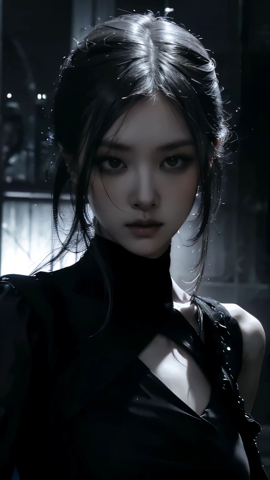 (best quality, highres:1.2), realistic, black dress, black hair, dark theme, black background, dark ninja, intense gaze, elegant posture, flowing dress, detailed facial features, long eyelashes, contrast, fine details, dramatic atmosphere, gothic style, intense emotions, monochrome color palette, captivating setting, haunting beauty, artistic photography, everything is black
