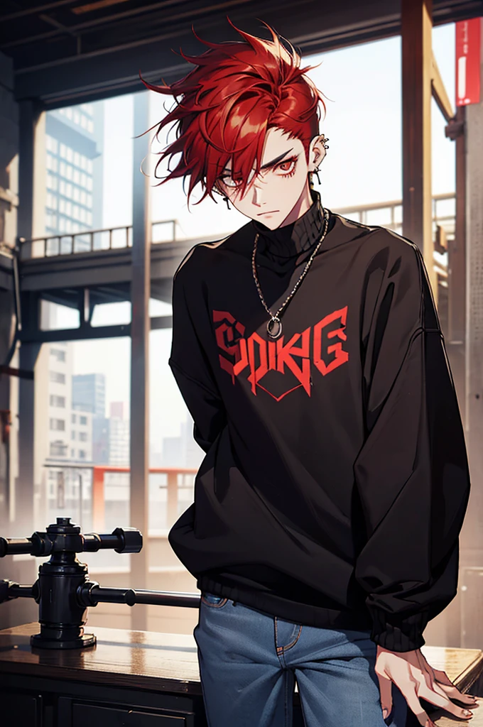 (best quality) (detail), 1 guy, thin, punk, black oversize sweater, spike hair, jeans, short hair, photography, dark, piercing, red hair