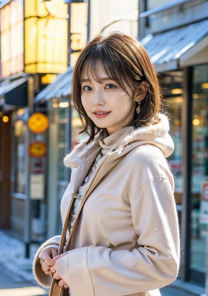 En plein air en ville、manteau de fourrure、豪華なグレーのミンクのmanteau de fourrure、Portez des bottes en cuir fin、Sacs de luxe、Col roulé intérieur、Collier en argent et petites boucles d&#39;oreilles en argent, Style millionnaire:1.4））、photo du corps entier、sourire、 Caustiques、Des photos très détaillées、très belle femme 、seins amples、Sans maquillage、(8k、Photos brutes、la plus haute qualité、chef-d&#39;œuvre:1.2)、(Réaliste、Réaliste)、1 fille、((cheveux mi-courts、hiver、Région froide Chutes de neige、Le vent souffle、cheveux flottants、Flou l&#39;arrière-plan、Des illuminations colorées、En regardant la caméra:1.4))、
