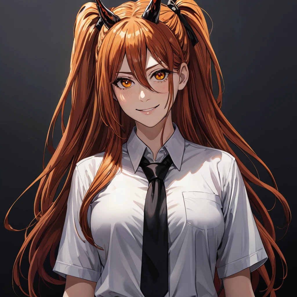 makima \(chainsaw man\), best quality, ultra detailed, 1girl, solo, standing, red hair, 1 long braided hair, golden eyes, bangs, medium breasts, white shirt, black necktie, stare, smile, (evil:1.2), looking at viewer, (interview:1.3), (dark background),black pants, (ringed eyes), best quality,ultra high res, woman, (masterpiece, sidelighting, finely detailed beautiful eyes: 1.2),lustrous skin,glowing eyes, shiny hair, 2 arms, paintina. portrait.
