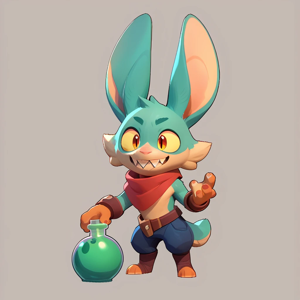 Full body view of a small, spherical, male monster with light teal fur, long ears, sharp teeth, smiling, holding a green potion in his hand