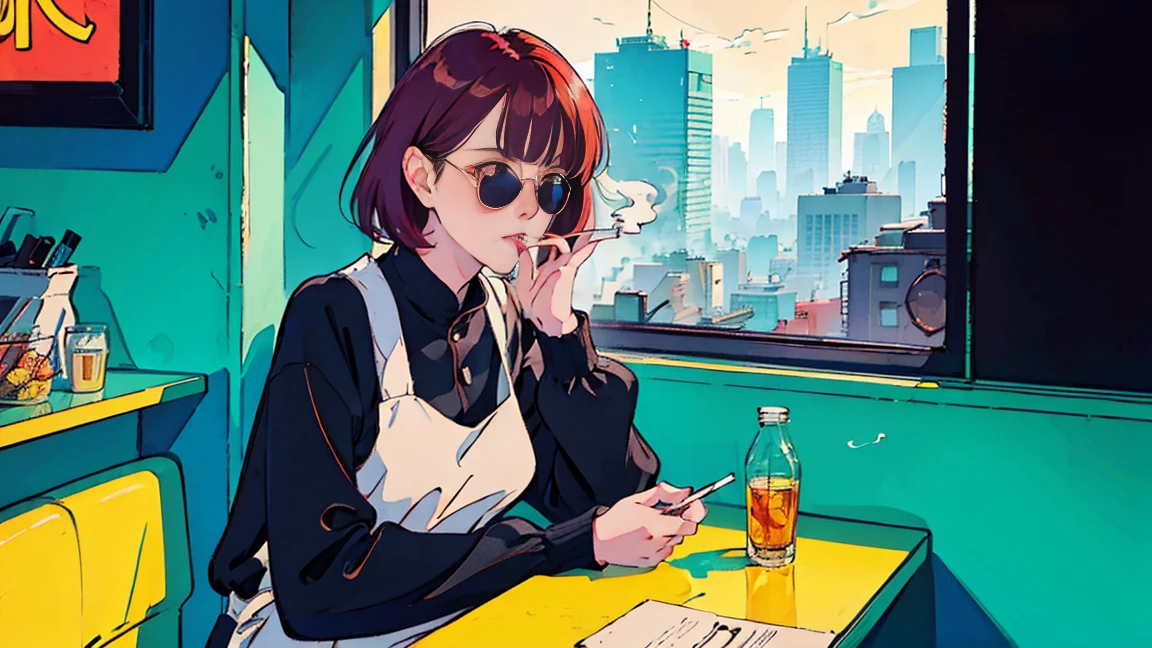 Beautiful redhead Asian girl sitting in a diner early in the morning, Visible from the window, perfect face, sunglasses, Smoking white Taylormade cigarettes, neon black, (with backlight: 1.1), hard shadow, masterpiece, highest quality, Complex, model shooting style, vintage, film grain, incomplete details、While eating