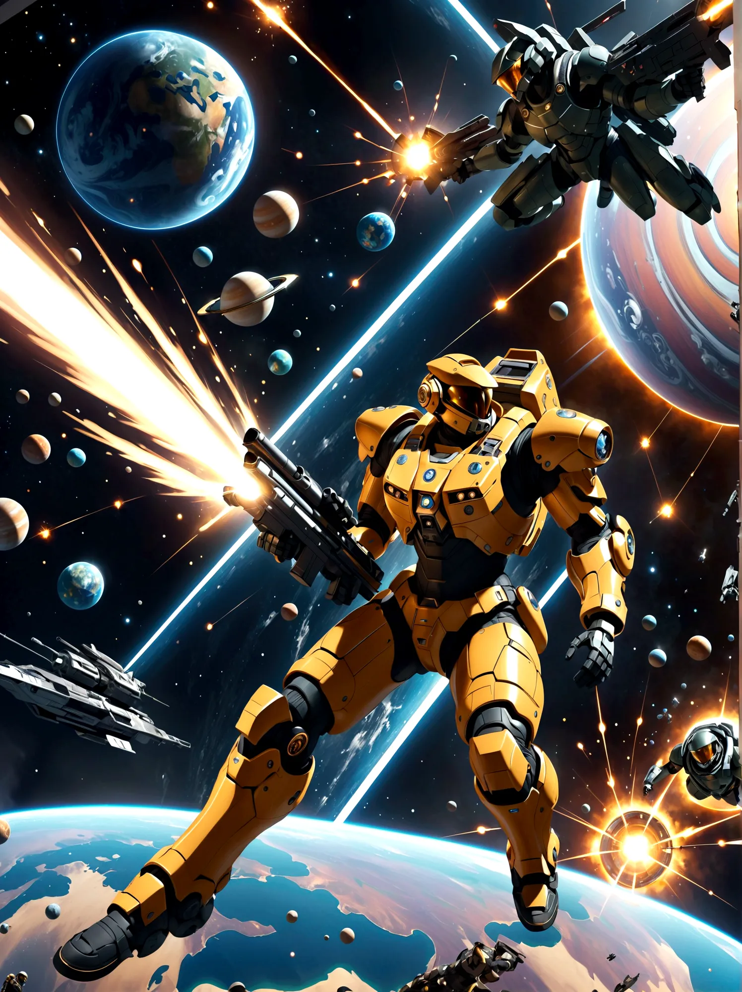 space soldiers, locked in an intense battle aboard a mothership, defending against an incoming horde of robotic aliens. the sold...