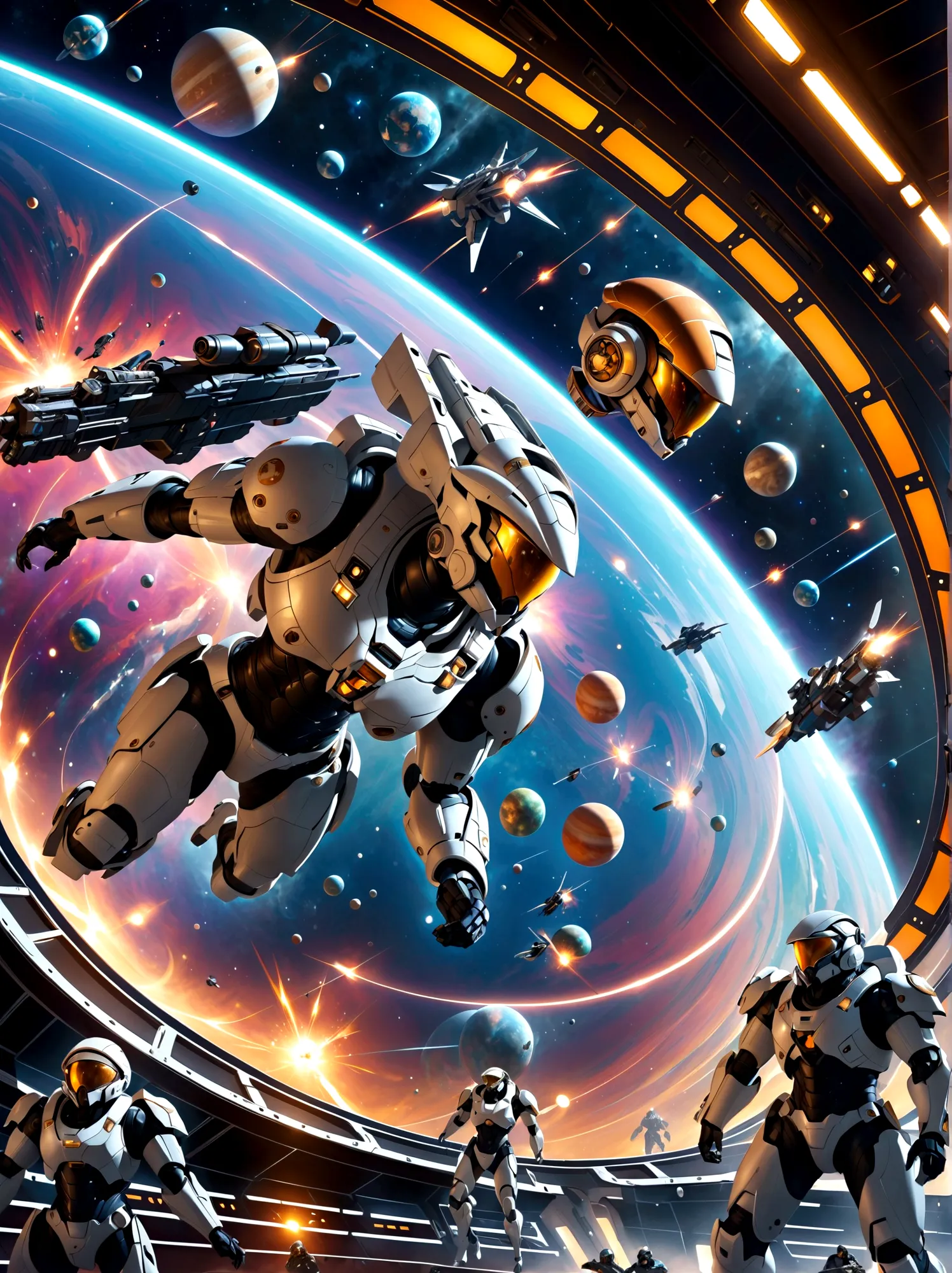 Space soldiers, locked in an intense battle aboard a mothership, defending against an incoming horde of robotic aliens. The sold...