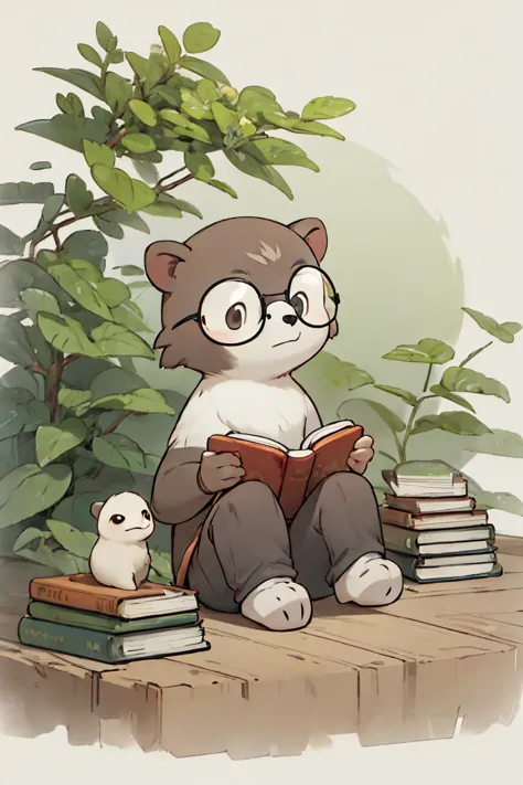 Sloth wearing glasses is reading a book