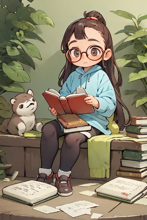 Sloth wearing glasses is reading a book