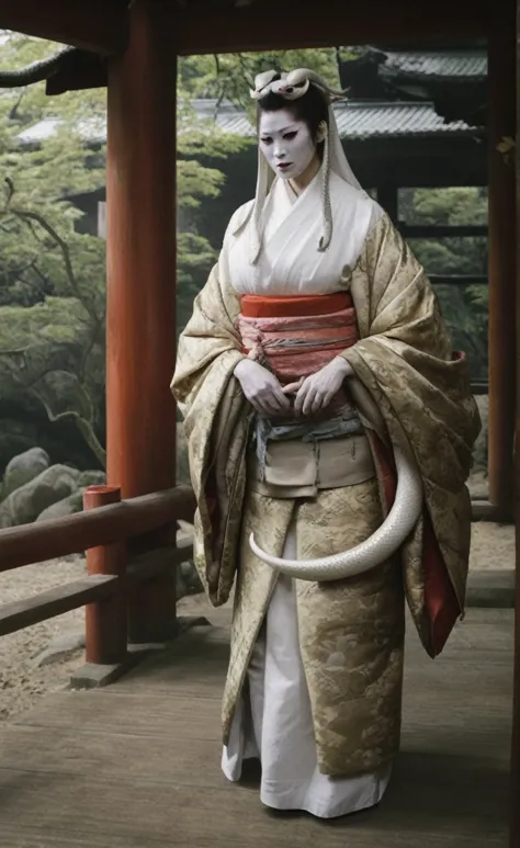 a woman, white face, kimono, a large white snake is wrapped around the body, inside the shrine, dim atmosphere, realistic photo,...