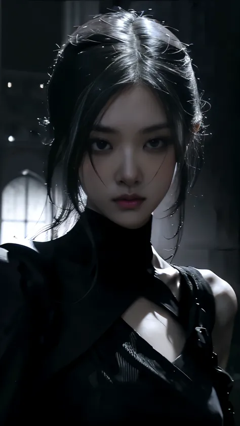 (best quality, highres:1.2), realistic, black dress, black hair, dark theme, black background, dark ninja, intense gaze, elegant...