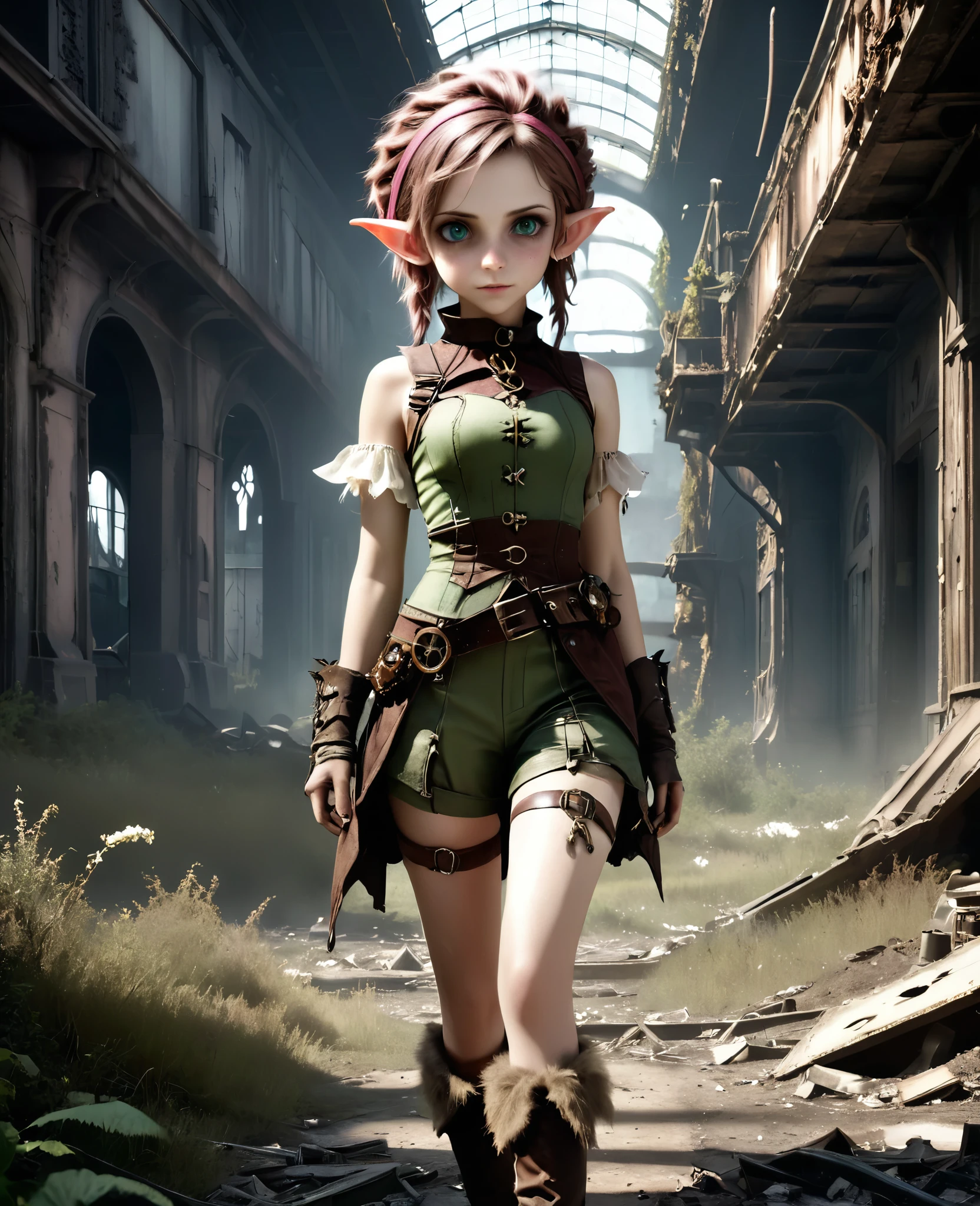 cute elf, (teenage elf  with extremely cute eyes)), (((elf))), ((((high resolution))), (((extremely detailed))), ((masterpiece)), looks like Aerith Gainsborough, dramatic shadows, depth of field, analog photo style, (world in which are collide steampunk and postapocalyptic vibes), postapocalyptic cute female in steampunk aesthetic, torn dirty clothes, depth of field, full body shot, unzoomed, (perfect body: 1.4), (sidecut short hairstyle), (stalking is quite common, although not the best way to make a living), stylized atmosphere of unreality, dark atmosphere, dynamic pose, in motion, Armageddon, increase cinematic lighting, highly lifelike skin texture, parted lips, weary eyes, fine eyes, whitened skin, random hair colour, doomsday aura