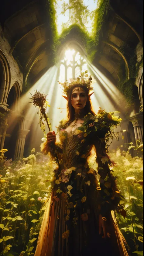 In a dappled, ancient forest ruin, an Elf Princess stands tall close to camera, closeup shot, her scepter raised high as beams o...