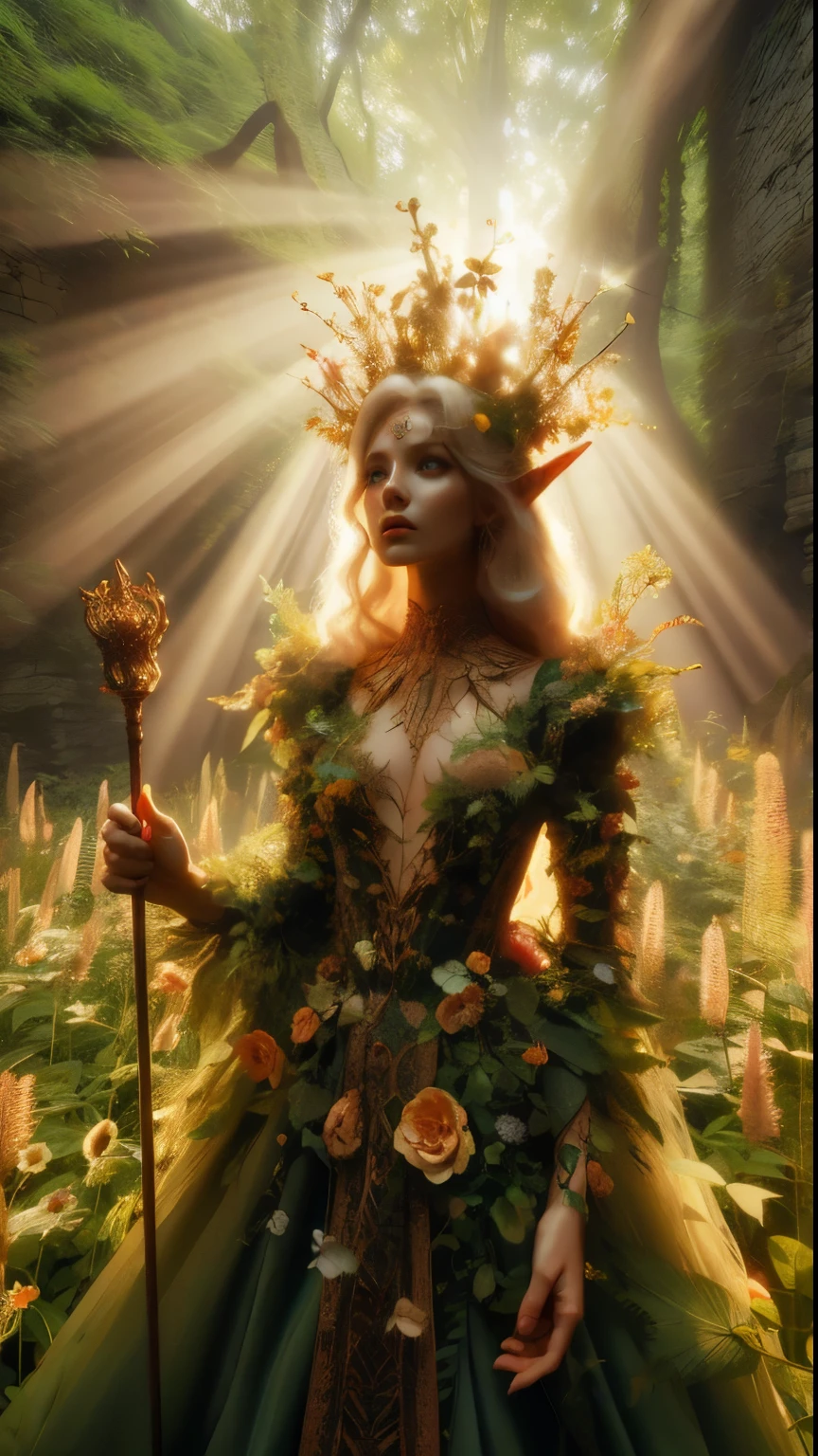 In a dappled, ancient forest ruin, an Elf Princess stands tall close to camera, closeup shot, her scepter raised high as beams of warm sunlight filter through the trees, casting a golden halo around her regal figure. covered in an ultra-multitude of flowers and vines, very tall overgrown wildflower beds surround her, Her beautiful, enchanted clothing shimmers in the soft light, while lush foliage and vines surround her, creating a lush environment. The camera captures a sharp focus on the princess's face, with the rule of thirds composition placing her at the intersection of two diagonals. Shot during the golden hour, the scene exudes an ethereal mood, inviting the viewer to step into this mystical realm., ,fantasy, better_hands, leonardo, angelawhite, Enhance