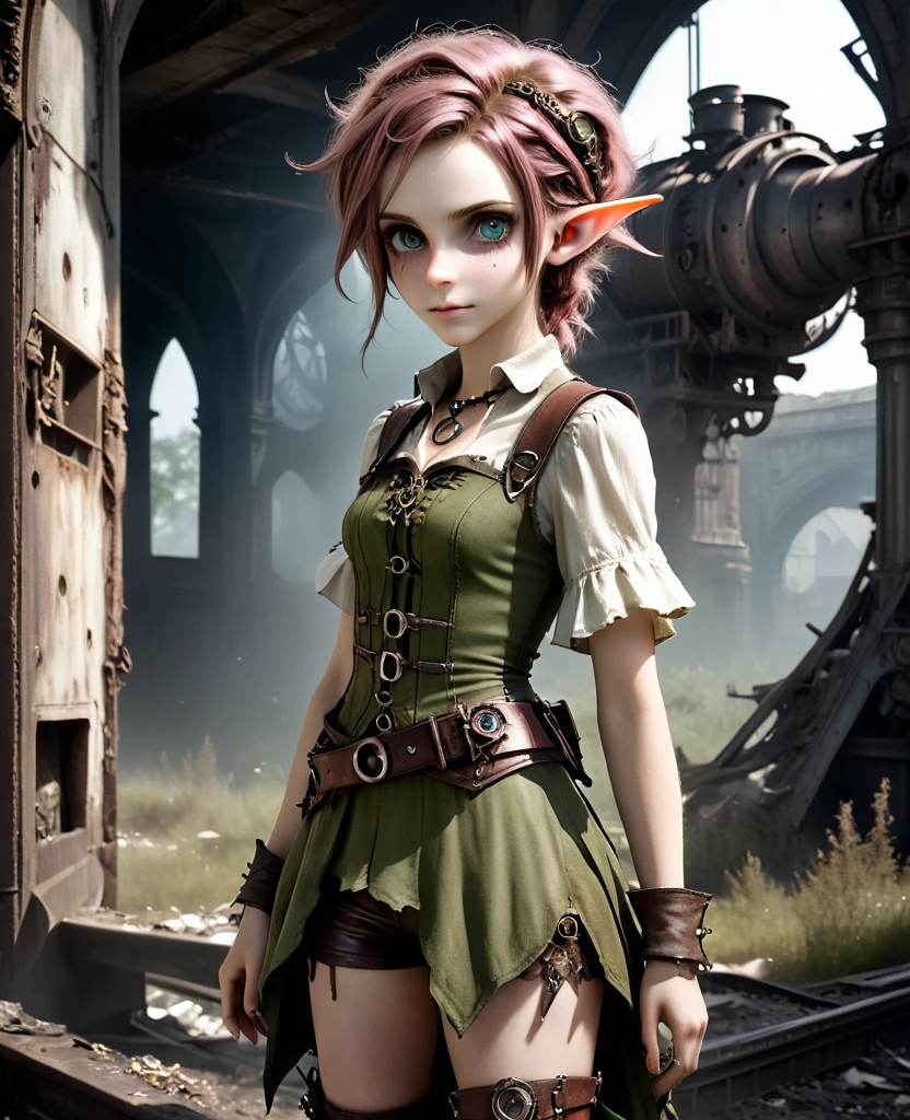 cute elf, (teenage elf  with extremely cute eyes)), (((elf))), ((((high resolution))), (((extremely detailed))), ((masterpiece)), looks like Aerith Gainsborough, dramatic shadows, depth of field, analog photo style, (world in which are collide steampunk and postapocalyptic vibes), postapocalyptic cute female in steampunk aesthetic, torn dirty clothes, depth of field, full body shot, unzoomed, (perfect body: 1.4), (sidecut short hairstyle), (stalking is quite common, although not the best way to make a living), stylized atmosphere of unreality, dark atmosphere, dynamic pose, in motion, Armageddon, increase cinematic lighting, highly lifelike skin texture, parted lips, weary eyes, fine eyes, whitened skin, random hair colour, doomsday aura