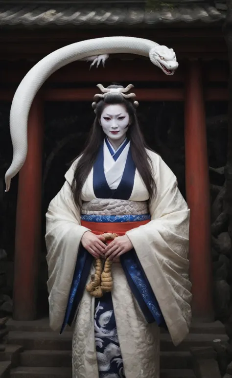 woman,white face,kimono,a large white snake coiled around his body,inside the shrine,dim atmosphere,realistic photos、