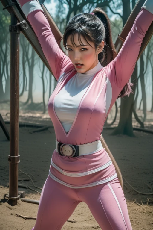 pink theme，pink ranger suit、curvy, big breats, full body, tied on Saint Andrew's cross in X position, screaming in pain, crying, eyes are closed tight